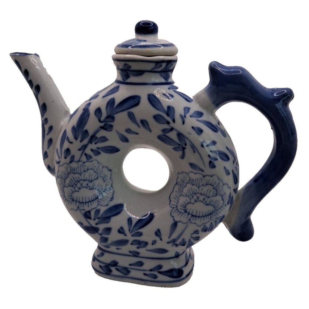 VTG Teapot Oriental Asian Chinoiseries Donut Hole Blue & White Floral W/Lid 6.5"